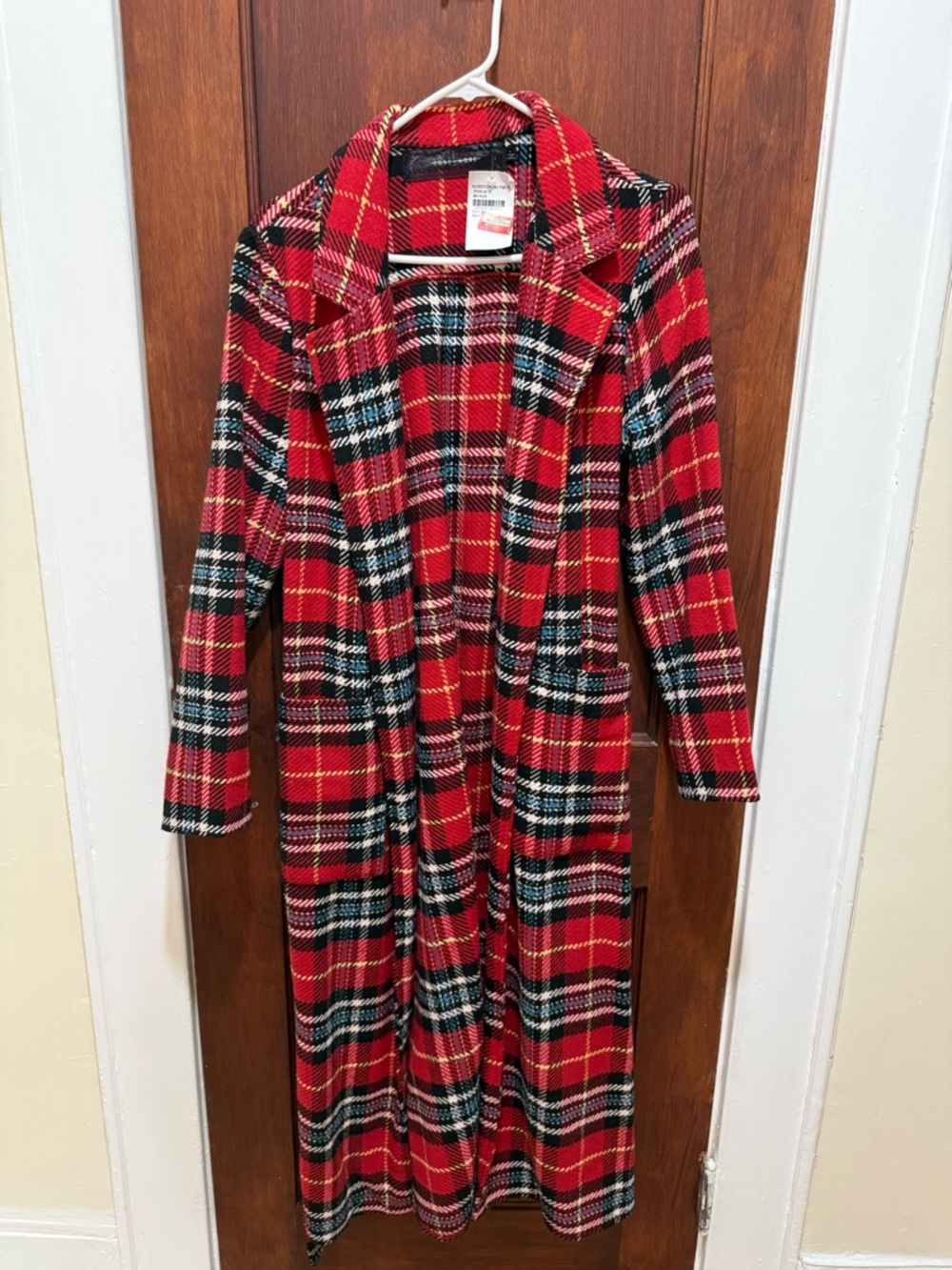 Women's Red Plaid Long Trench Coat - Classic Open Front